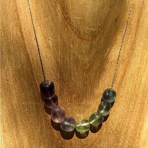 Handmade Vintage Ombré Genuine Fluorite Stone Bead Silver Tone Chain Necklace